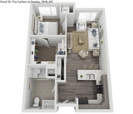 Floor plan for 1 bed, 1 bath, 657 sqft
